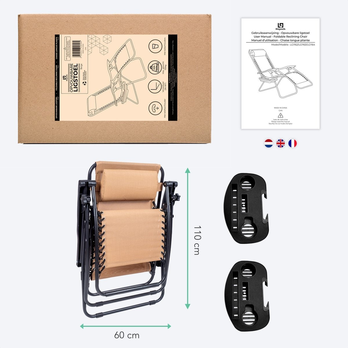 LifeGoods Opvouwbare Tuinstoelen - 30°-90° Verstelbaar - Metaal - Beige