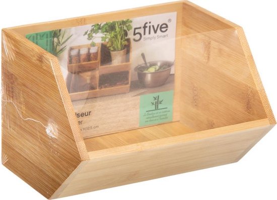 5Five Stapelbare opbergmand 1 vaks organizer - L18 x B15.5 x H12 cm - bamboe hout - lichtbruin