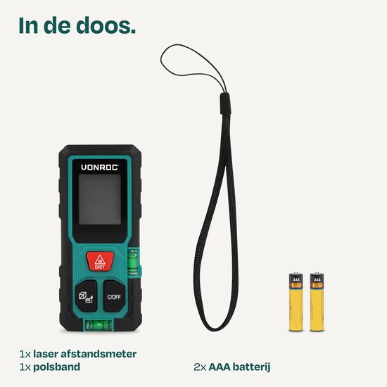 VONROC Laser Afstandsmeter – 50 meter bereik – Zeer compact formaat – meet afstand, oppervlakte, volume, Pythagorisch – Incl. handige rekenfuncties – Incl. batterijen