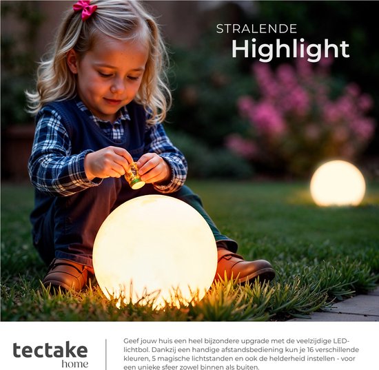 tectake® Tuinbol - Ø30 cm - Bolvorminge LED Buitenlamp met Afstandsbediening - 16 Kleuren en 5 Lichtmodi - Weerbestendige Tuinverlichting - Feestversiering - Tuindecoratie - Inclusief Lichtbron - Lichtbol - Lichtbollen voor Buiten - Bol Lamp