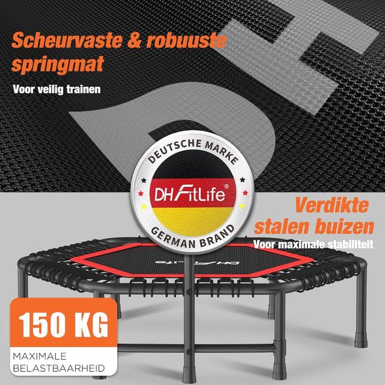 DH FitLife Fitness Indoor Trampoline | Ø114cm 45 inch Mini Trampoline voor Cross Jumping | Draagvermogen 150 KG | Met 3 verstelbare handgreepstanden | Stabie