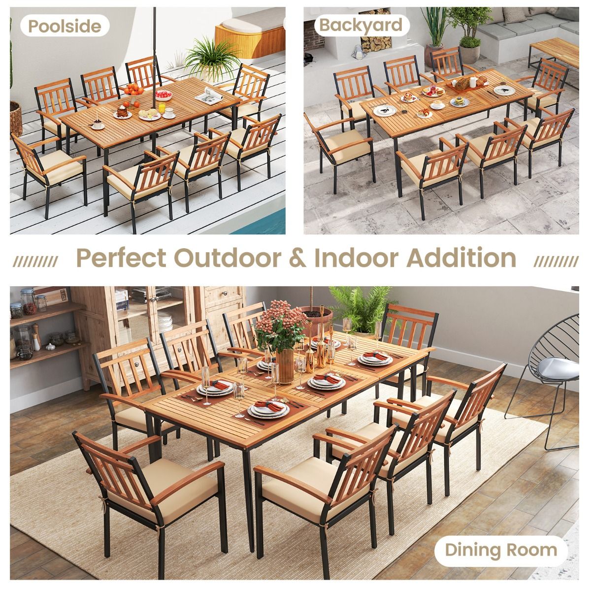 Coast tuintafel voor 8 personen - acaciahout met metalen poten - parasolgat 5 cm - naturel en zwart - 200 x 90 cm