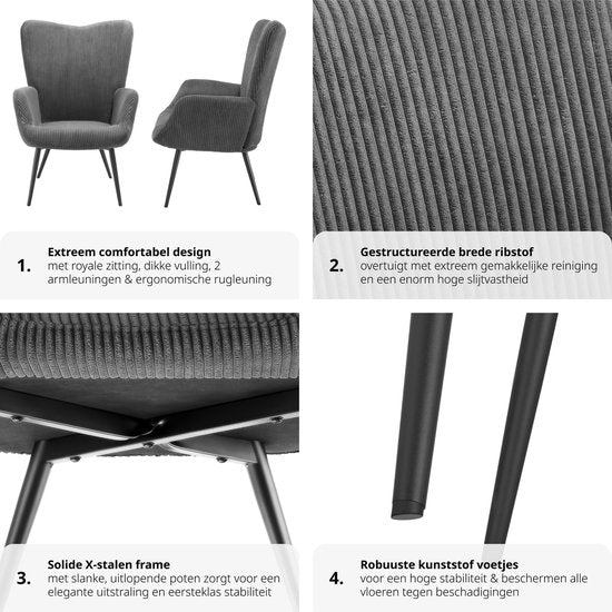 tectake® Oorfauteuil in Scandinavische stijl - Corduroy Hygge - Stoel voor woonkamer, slaapkamer - Loungefauteuil - Zwart metalen poten - Draagvermogen tot 150 kg - Grijs