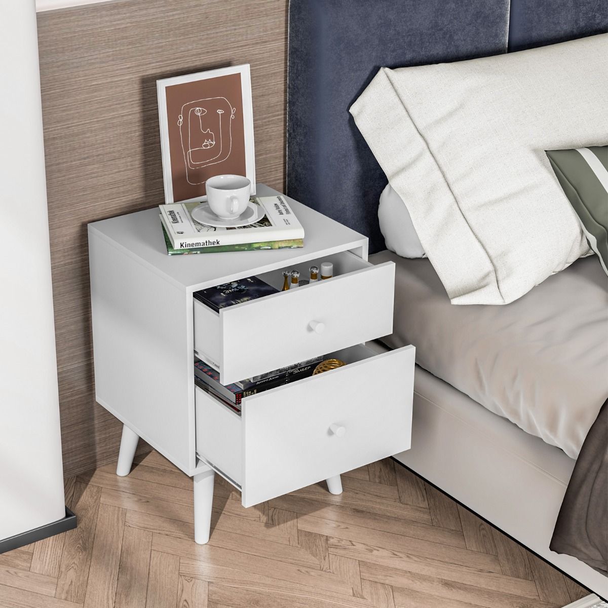 Coast Nachtkastje 2 Lades 45x40x62 cm – Houten Ladekastje Wit met Massief Rubberhouten Poten