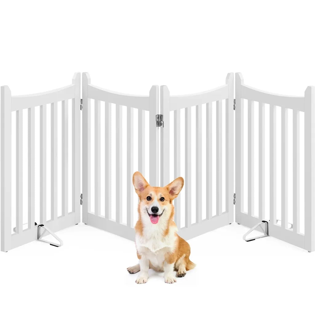Yaheetech Hondenhek Opvouwbaar 204,5 x 60,5 cm - Wit - Houten Veiligheidshek met 4 Panelen