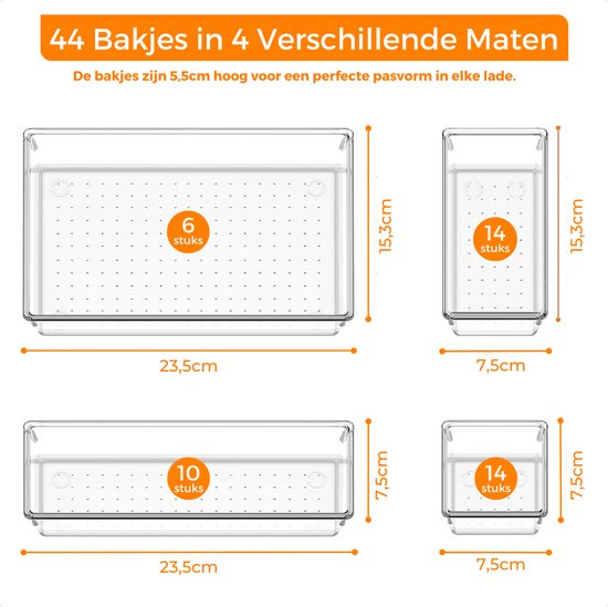 Posity Lade Organizer - 44 Stuks - Organizer Bakjes - Lade Bakjes - Opbergbakjes - Make-up Organizer - Voor Keuken, Badkamer & Bureau - Kunststof - Transparant