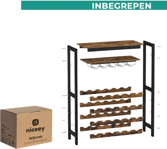 Niceey – Wijnkast Met Glazenhouder –  Voor 24 Flessen – 66 x 30 x 100 cm – Voorzien Van Bovenste Opbergplank En Ruimte Voor 15 Glazen – Voor Woonkamer En Keuken – Zwart En Bruin Metaal En Hout