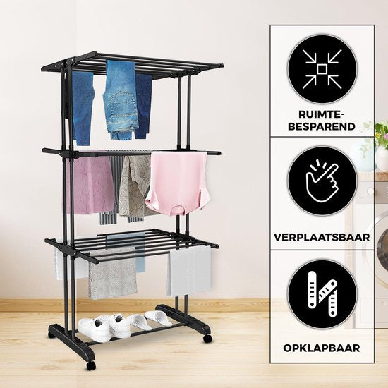 Vonia Droogrek - Wasrek - Droogtoren - Wastoren - 3 Lagen - Inklapbaar - 72x50x172 cm - Zwart