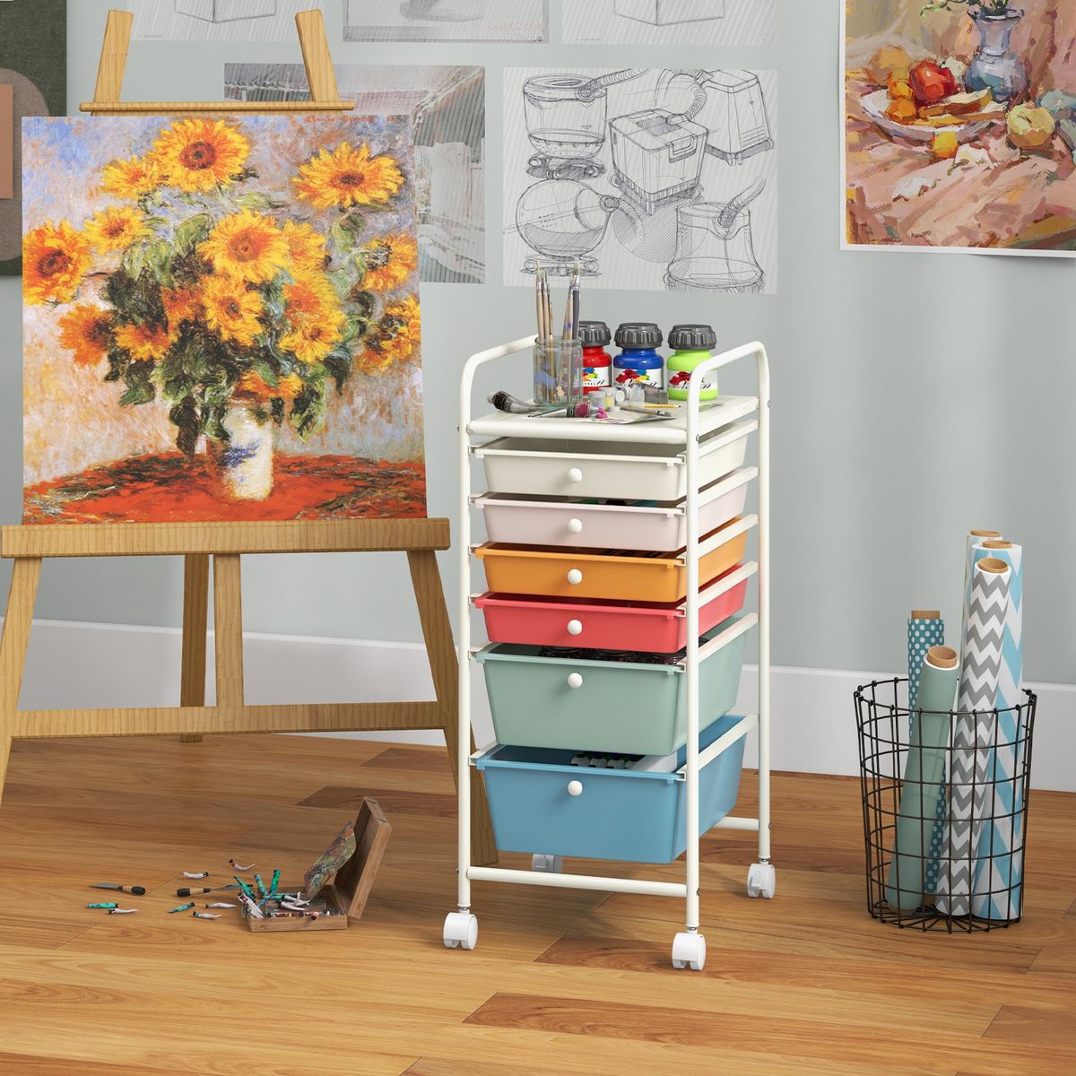 Coast Rolcontainer met 6 stapelbare lades - metalen frame - met opbergbak - bont
