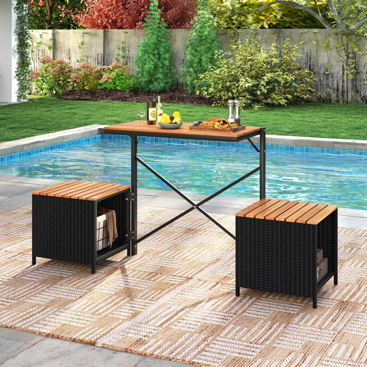 Coast 2-in-1 tuinbank en picknicktafel - omvormbaar balkonmeubel - met opbergruimte - zwart/naturel