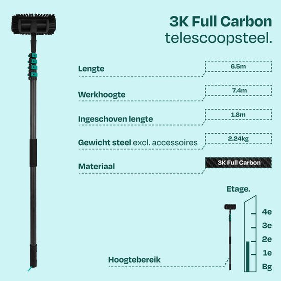 VONROC PRO 3K Full Carbon Telescopische Wasborstel – 6,5 m - Incl. 5-vlaks borstelkop, 9m waterslang en zeepdispenser