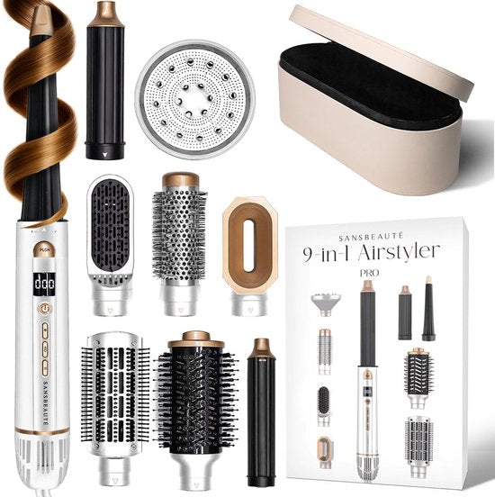 Sansbeauté® 9-in-1 Airstyler met Diffuser en Opbergdoos - Multistyler - Föhnborstel Kort Haar - Haarkruller - Haarstyler - Haardroger - Warmteborstel - Krulborstel - Krultang - Haarstijler - Stijlborstel - 5 in 1 Hairstyler
