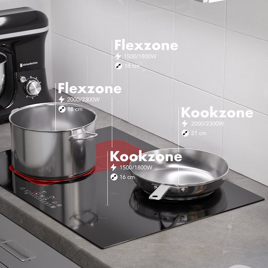 KitchenBrothers - Inductiekookplaat Inbouw - 70 cm - 4 Kookzones (2800W Per Zone) - Flex-zone & Turbo Boost - Glas & Keramiek - Zwart