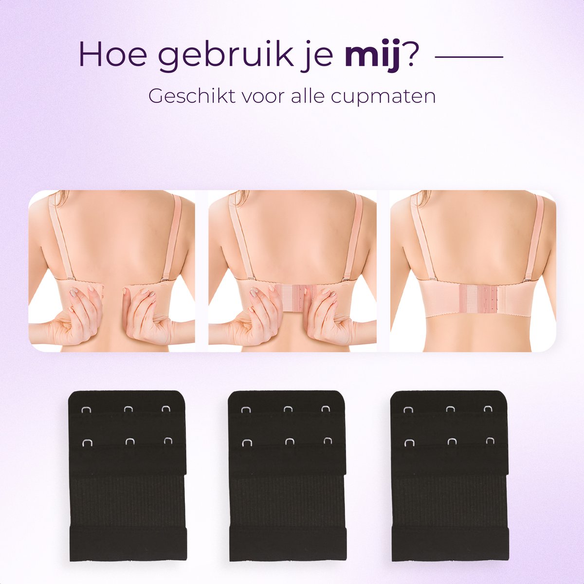 BH Verlengstuk 3 Haakjes 3-Pack Elastisch Zwart