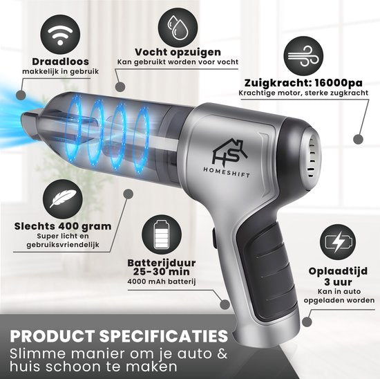 HomeShift® Auto Stofzuiger Draadloos V2 PRO - Kruimelzuiger - Handstofzuiger - Kleine Stofzuiger - Draadloze stofzuiger - Air Duster - Nat & Droog - Metallic