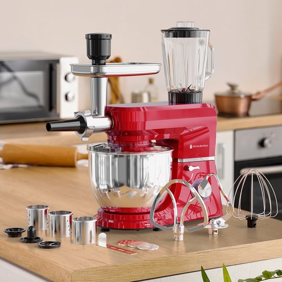KitchenBrothers Keukenmachine - 6-in-1 Keukenrobot - 1500W - Met Gehaktmolen, Blender en 15 Accessoires - 6,2L RVS Kom - Rood
