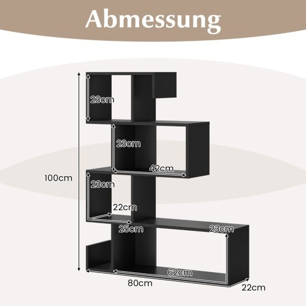Coast S-vormige Boekenkast met 5 Niveaus – 80 x 22 x 100 cm – Zwart