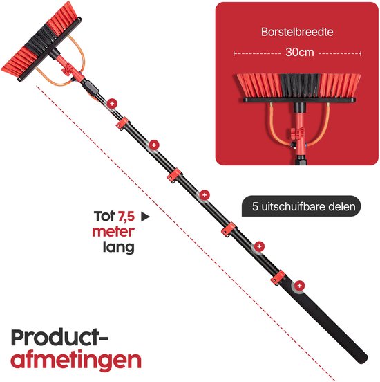Infinity Goods Telescopische Wasborstel 7,5m - Ramenwasser - Raamtrekker - Zeepdispenser - Waterdoorvoer - Zwart/Rood