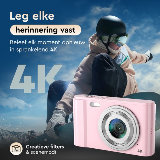 K&L Digitale Camera 4K - 64MP - Fototoestel - Compact Camera - Vlog Camera - Voor Kinderen - Inclusief 64GB - NL Software
