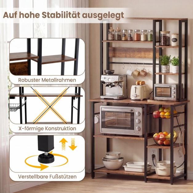 Coast 6-laags Keukenrek met Stopcontact - Magnetronrek met Uittrekbare Draadmand, 12 Haken en USB, 99 × 40 × 170 cm - Rustiek Bruin/Zwart