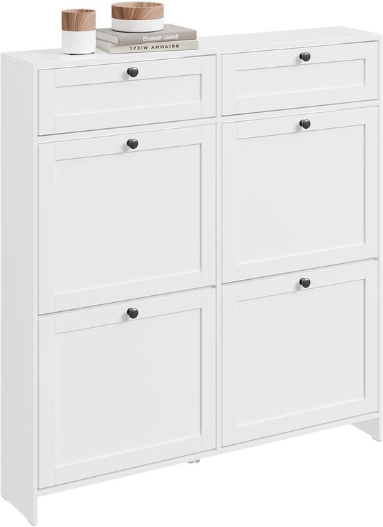 SoBuy Schoenenkast voor ingang, schoenenkast met 2 laden en 4 opklapbare deuren, praktische opslag voor 12 paar schoenen, wit, MDF E1, ideaal voor kleine ruimtes - FSR208-W