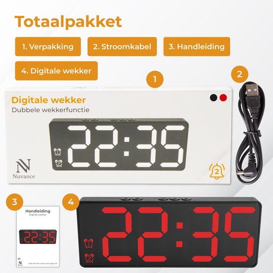 Nuvance Digitale Wekker - Digitale Klok - Wekkers voor Kinderen & Volwassenen - Reiswekker - Slaapkamer - Led Wekkers Digitaal - Rood
