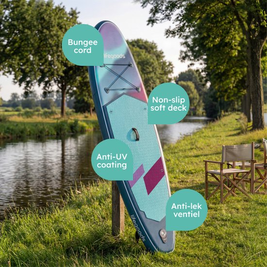 LifeGoods SUP Board Allround Compact - met Zitje - 100 KG Draagkracht - 300 x 76 cm - Opblaasbaar - Compleet SUP pakket - Blauw/Paars