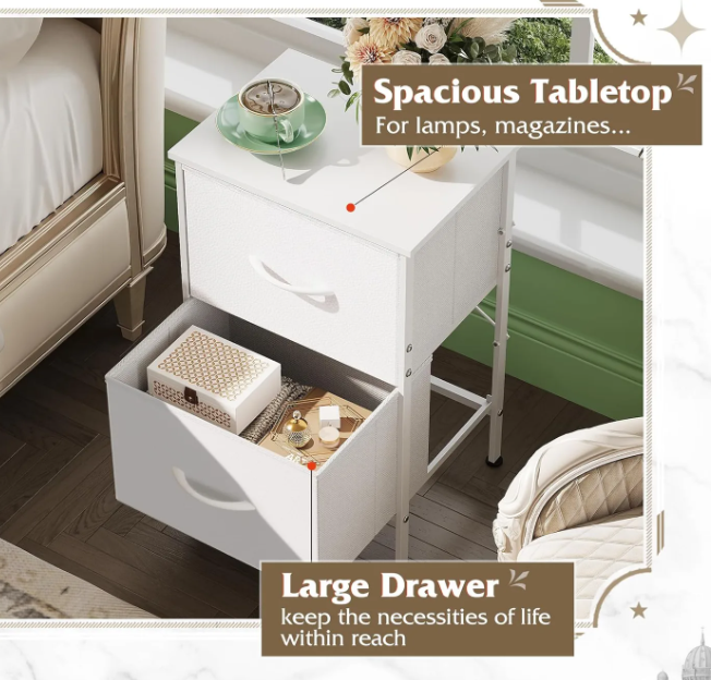 WLIVE Nachtkastje 2 Stoffen Lades - Wit - Metalen Frame - 39,8 x 29,8 x 63,1 cm