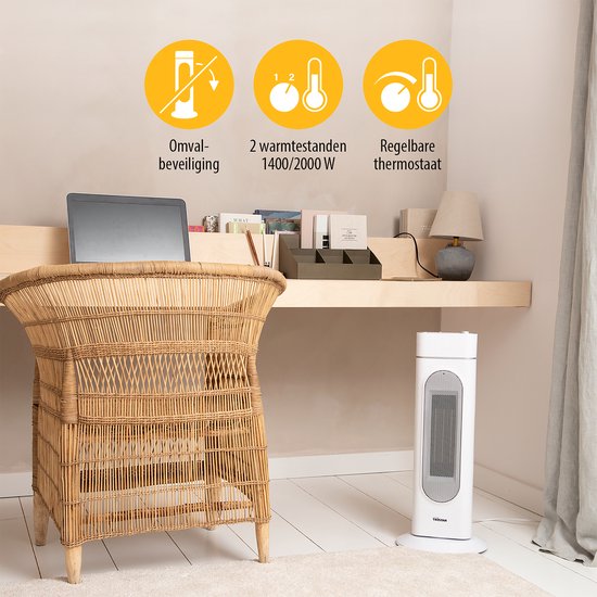 Tristar Elektrische Kachel KA-5088 - Keramische torenkachel - Afstandsbediening - Geschikt voor 25 m² - Ventilatorkachel - Wit