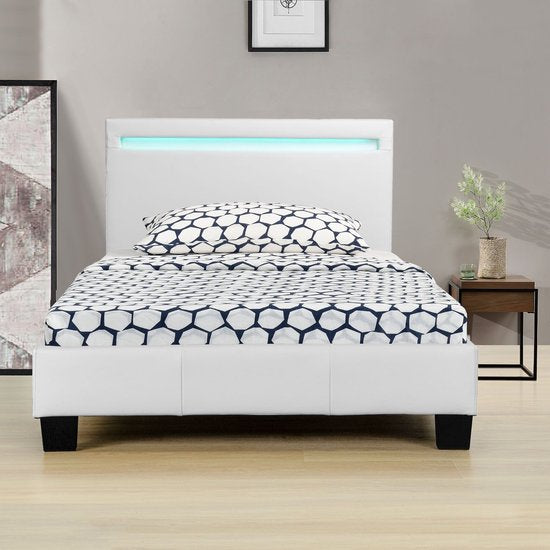 Gestoffeerd Bed Verona - 90 x 200 cm - Wit - LED Verlichting
