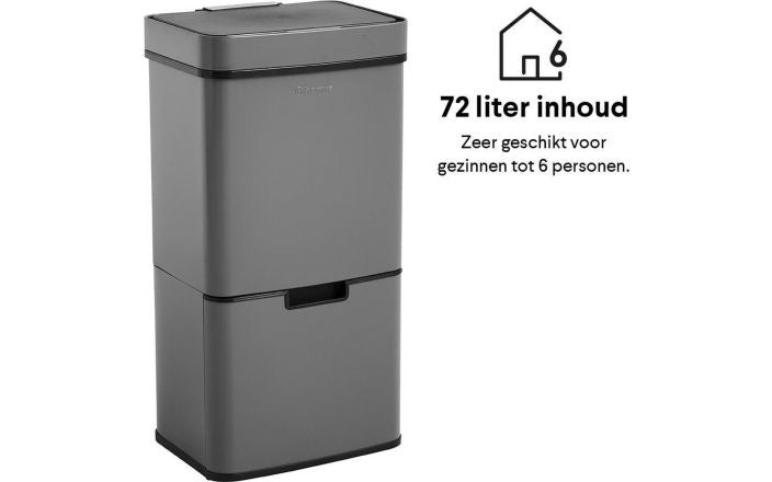 Homra Prullenbak – Automatische deksel & 3 vakken – 72L (2x12L + 48L) – 31,5 x 42 x 82,5 cm – Grijs