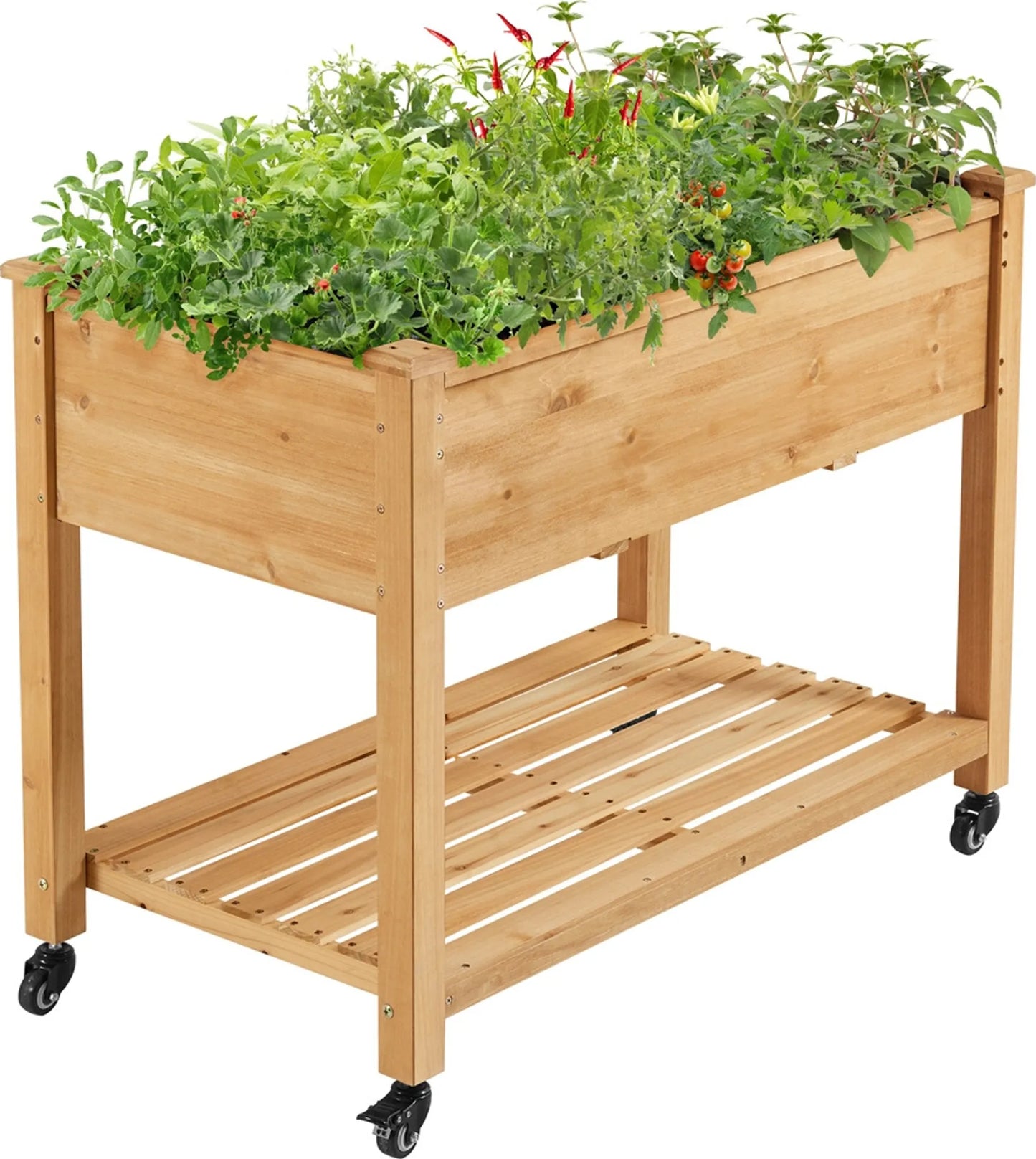 Yaheetech Verhoogde Plantenbak Op Wielen – Voorzien Van 4 Afvoergaten En Opbergvak En 360° Zwenkwielen – Voor Tuin Balkon En Terras – Lichtbruin Sparrenhout – 105,5 x 56,5 x 83,5 cm