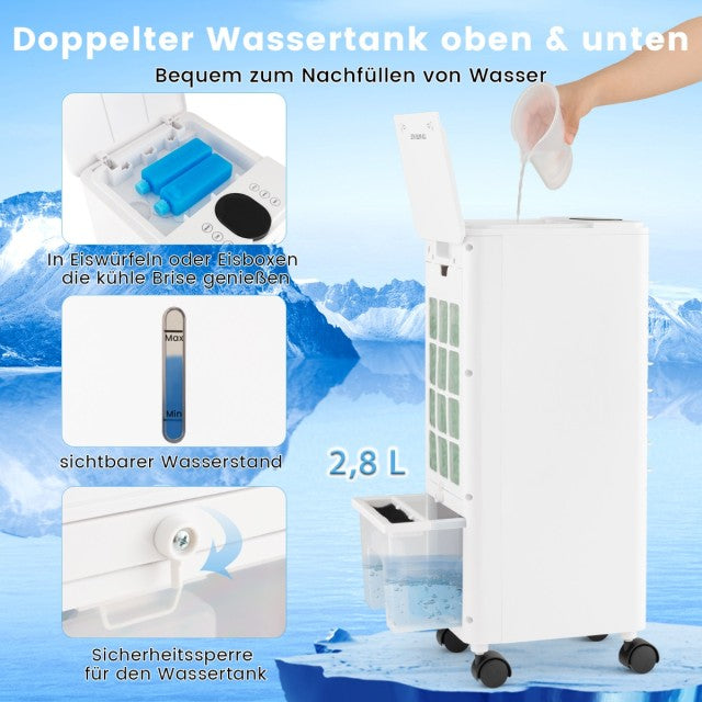 Coast 3-in-1 Luchtkoeler met Ventilator en Luchtbevochtiger - 2,8L Watertank - Stil 44dB - 59x22x25,5cm - Grijs