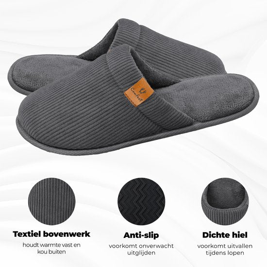 Pantoffels Heren - Sloffen - Maat 40/41 - Grijs - Corduroy - Anti-slip - Comfeet