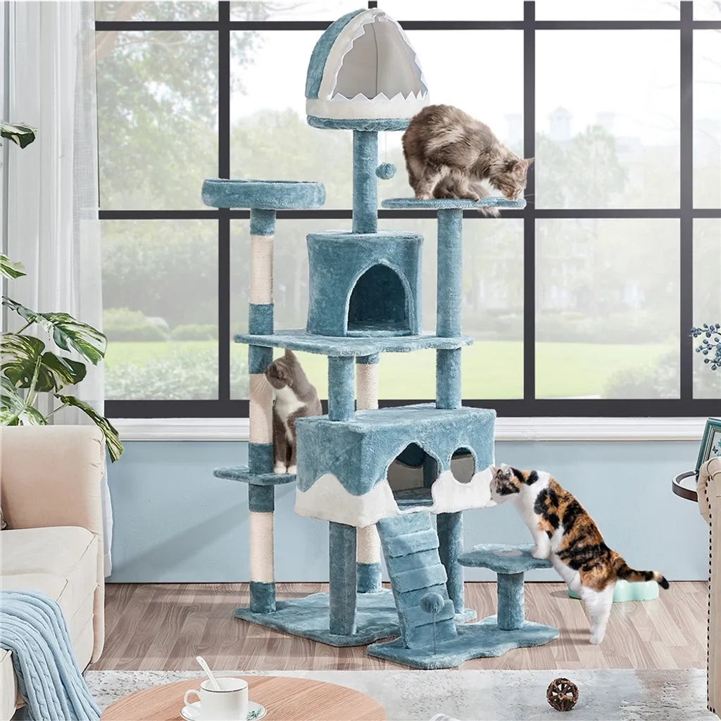 Yaheetech Oceaan Kattenboom 93 x 55 x 184 cm - Blauw/Wit - Krabpaal met Kattenhuizen en Sisalpalen