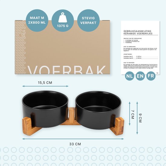 Voerbak Hond - Drinkbak - Met Standaard - 2x 800 ml - Maat M - Zwart