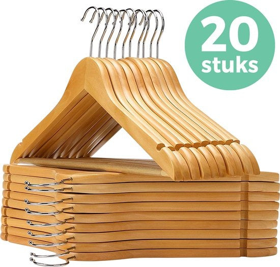 LifeGoods Kledinghangers - Met Broeklat - Hardhout - Natural - 20 Stuks