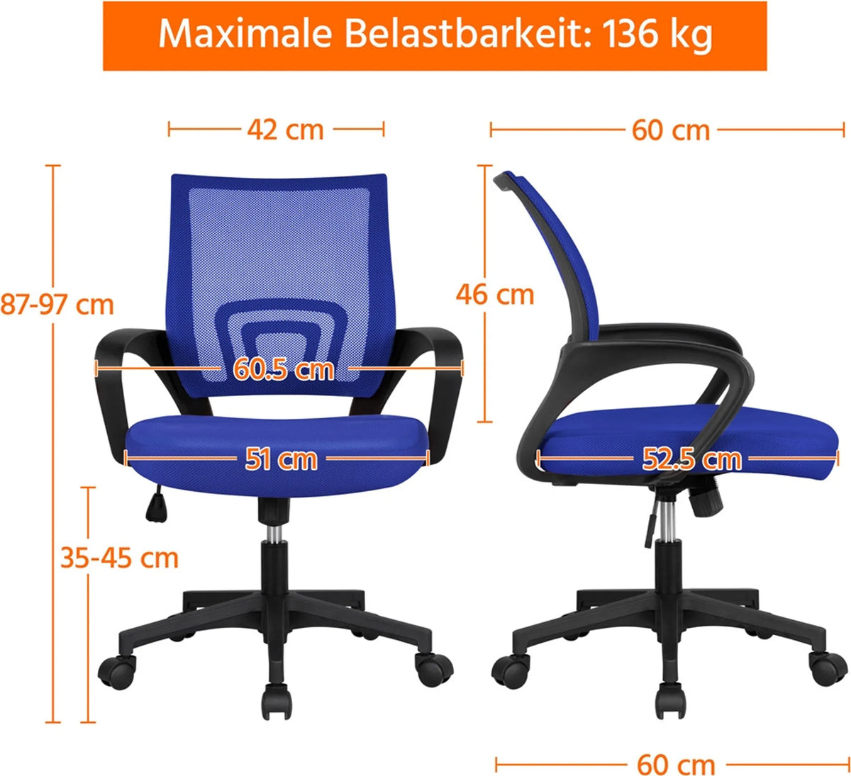 Yaheetech Bureaustoel Ergonomisch – Voorzien Van Ademende Meshstof En Schommelfunctie En Brede Zitting – Voor Kantoor En Studeerkamer – Blauw Nylon En Staal – 60,5 x 60 x 87-97 cm