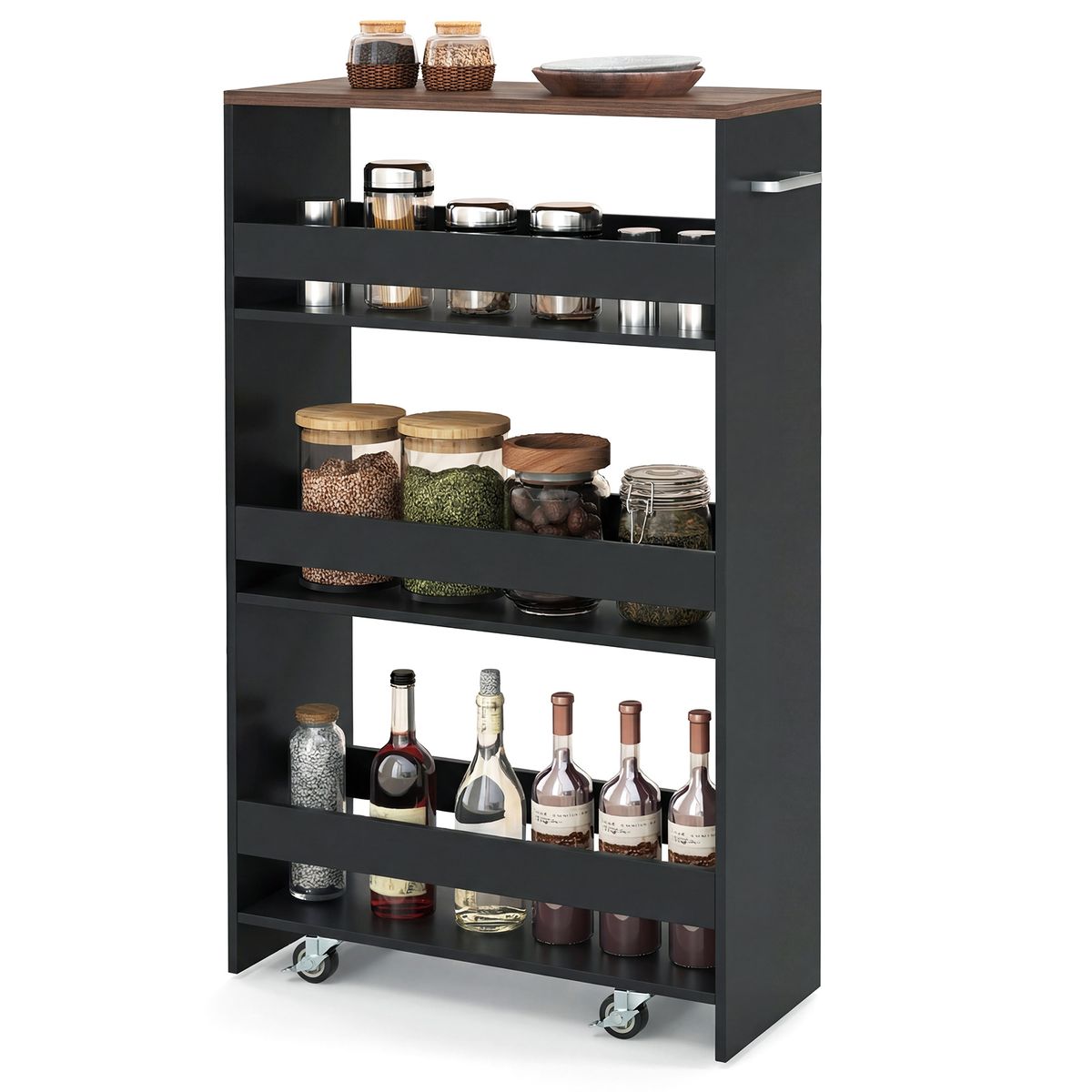 Coast Keukenwagen - smal nissenrek op wielen - 4 verdiepingen - zwart en bruin - 47,5 x 20 x 80,5 cm