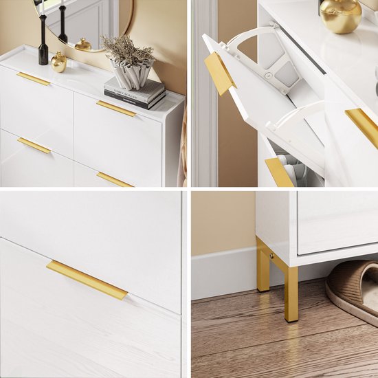 SoBuy FSR206-GW Schoenenkast Ingang – Ultradun 19 cm – Hoogglans Wit en Goud – Voor Hal, Gang, Kleine Ruimte, Met Kantelbeveiliging en Vloerbescherming – 100x19x88.5 cm