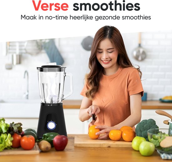 Kitchenwell Blender - Krachtige 1300 Watt Smoothieblender - 1.75 Liter - Glazen Kan - 3 Standen - Inclusief Sportbeker - RVS/Zwart