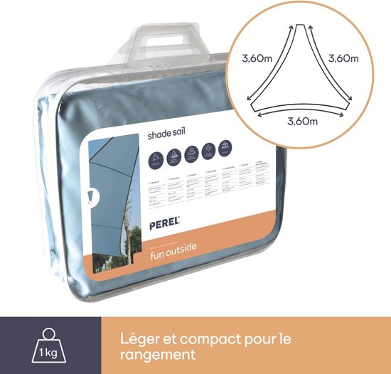 Perel Schaduwdoek, waterafstotend, 3.6 x 3.6 x 3.6 m, 160 g/m², polyester, driehoek, lichtgrijs