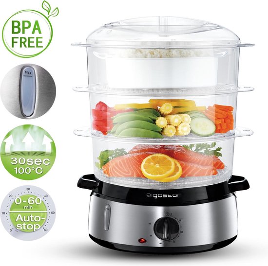 Aigostar Fitfoodie 30INA - Stoomkoker 9L - met Timer - 800W - 3 Lagen - RVS