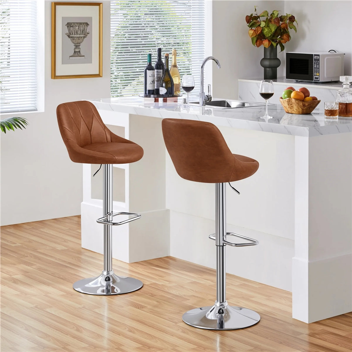 Yaheetech Set van 2 Verstelbare Barhocker / Barstoelen 86-107,5 cm – Sfeervol Bruin – Kunstleder en Metaal