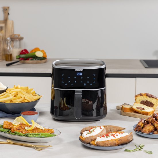 Princess Digitale Airfryer 182238 - 4 liter - PFAS vrij - Groot - Heteluchtfriteuse - Zwart - Digital Touchscreen - 8 Automatische Programma's - Inclusief in hoogte verstelbaar Grillrack