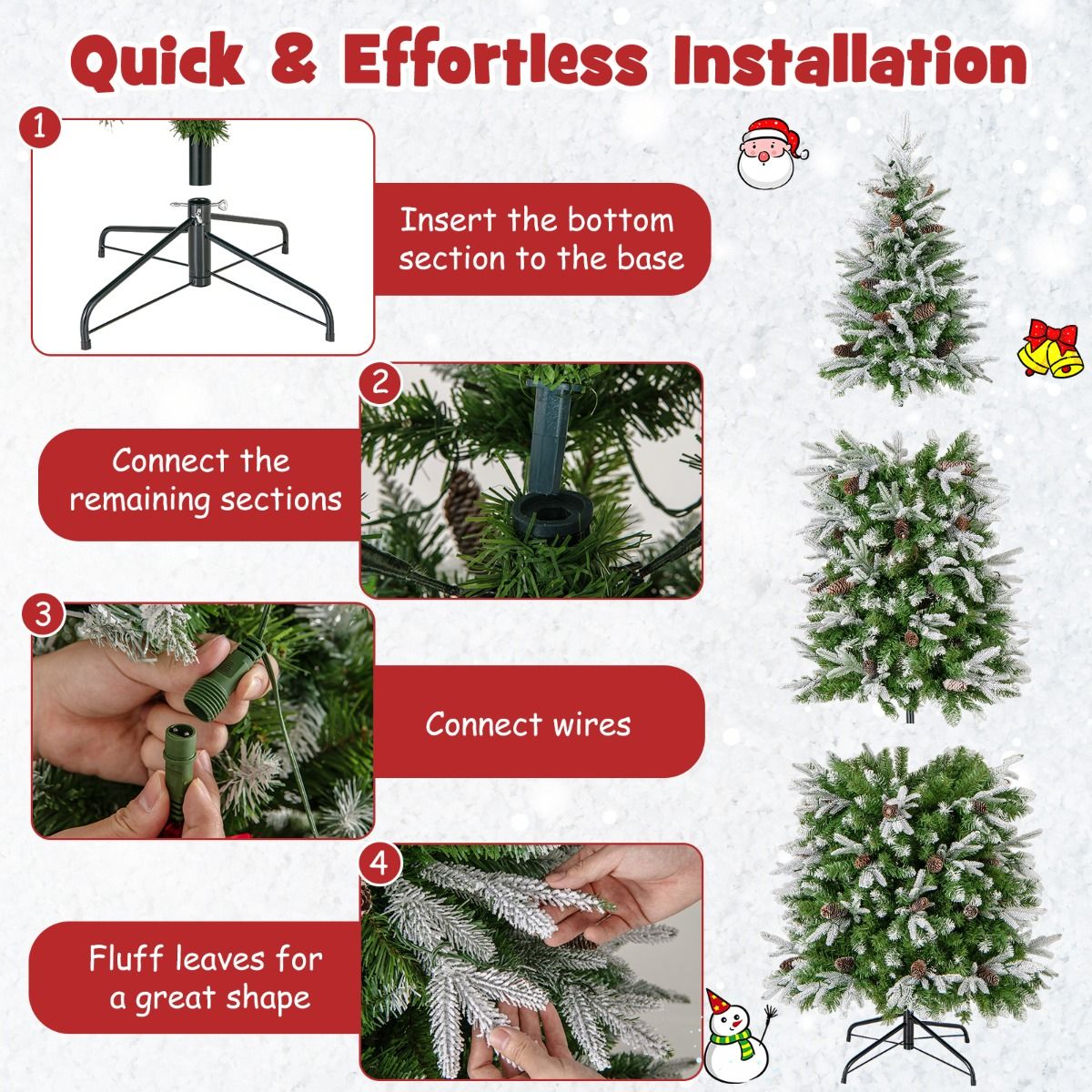 Coast Kunstkerstboom 225 cm Groen/Wit – Voorverlicht met Warmwitte LED – Scharnierconstructie – 913 Takken – Met Sneeuw en Dennenappels