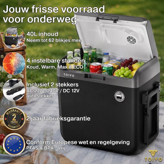 Toivo Elektrische Koelbox - 40 Liter - 12V en 230 volt - Auto - Camping Koelkast - Koelen en Verwarmen - Frigobox - Zwart