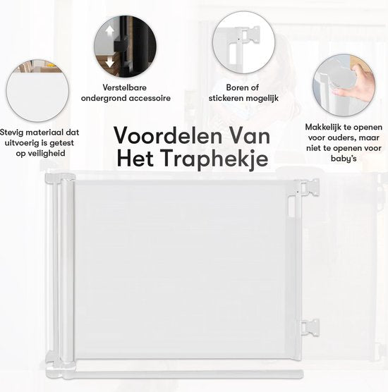 Oprolbaar Traphekje met stickerfunctie - Veiligheidshekje - Verstelbaar - Hondenhekje - Traphekje zonder boren - Kinderhekje - Voor dieren en kinderen - 10 tot 150 cm breed - Wit - Sweet Sprout