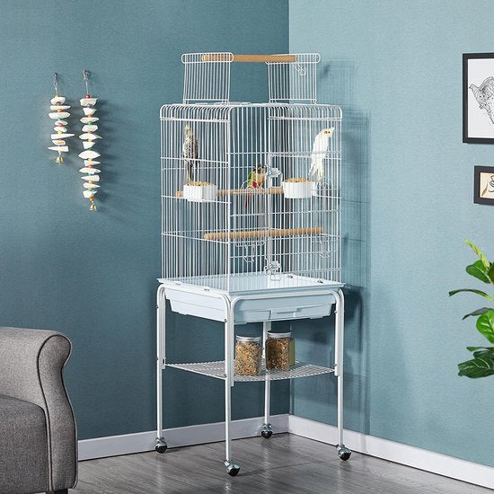 Yaheetech Vogelkooi voor Wellensittich, Kanarie en Papegaai - met Standaard, Speelgoed en Opbergruimte - Wit - 46,5 x 46,5 x 136 cm