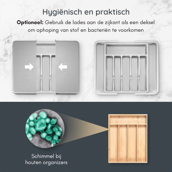 Deleca Uitschuifbaar Bestekbak met 8 Vakken - Besteklade Organizer - Keukenlade Bestek Organiser - Bestekhouder Keuken - 57 x 38 cm - Kunststof / Wit Grijs